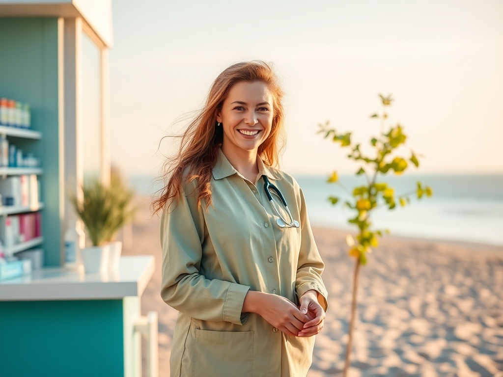 Ilustracja symbolizująca pogodę i medycynę pracy w Świnoujściu, zawierająca elementy deszczu i symboli zdrowia.